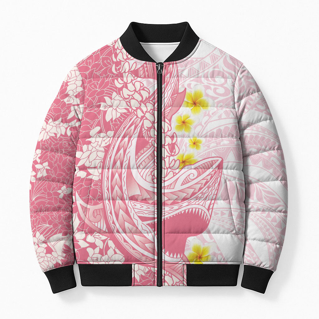 Pink Hawaii Shark Tattoo Bomber Puffer Jacket Puakenikeni Lei Plumeria Polynesian Pattern