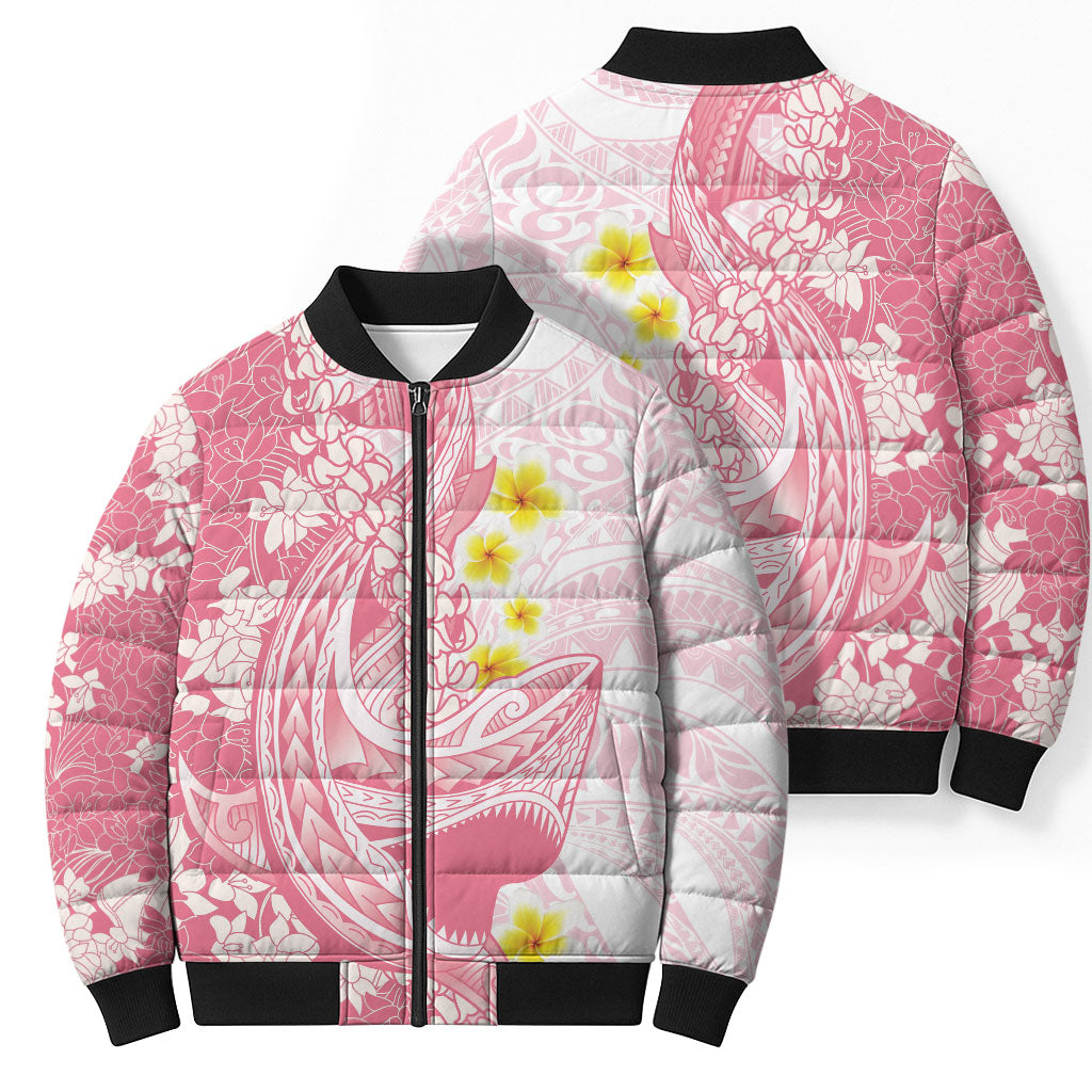 Pink Hawaii Shark Tattoo Bomber Puffer Jacket Puakenikeni Lei Plumeria Polynesian Pattern LT14 - Polynesian Pride