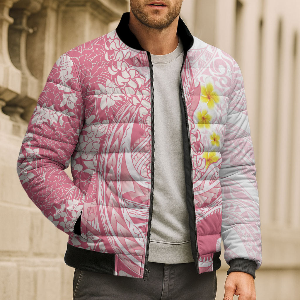 Pink Hawaii Shark Tattoo Bomber Puffer Jacket Puakenikeni Lei Plumeria Polynesian Pattern LT14 - Polynesian Pride
