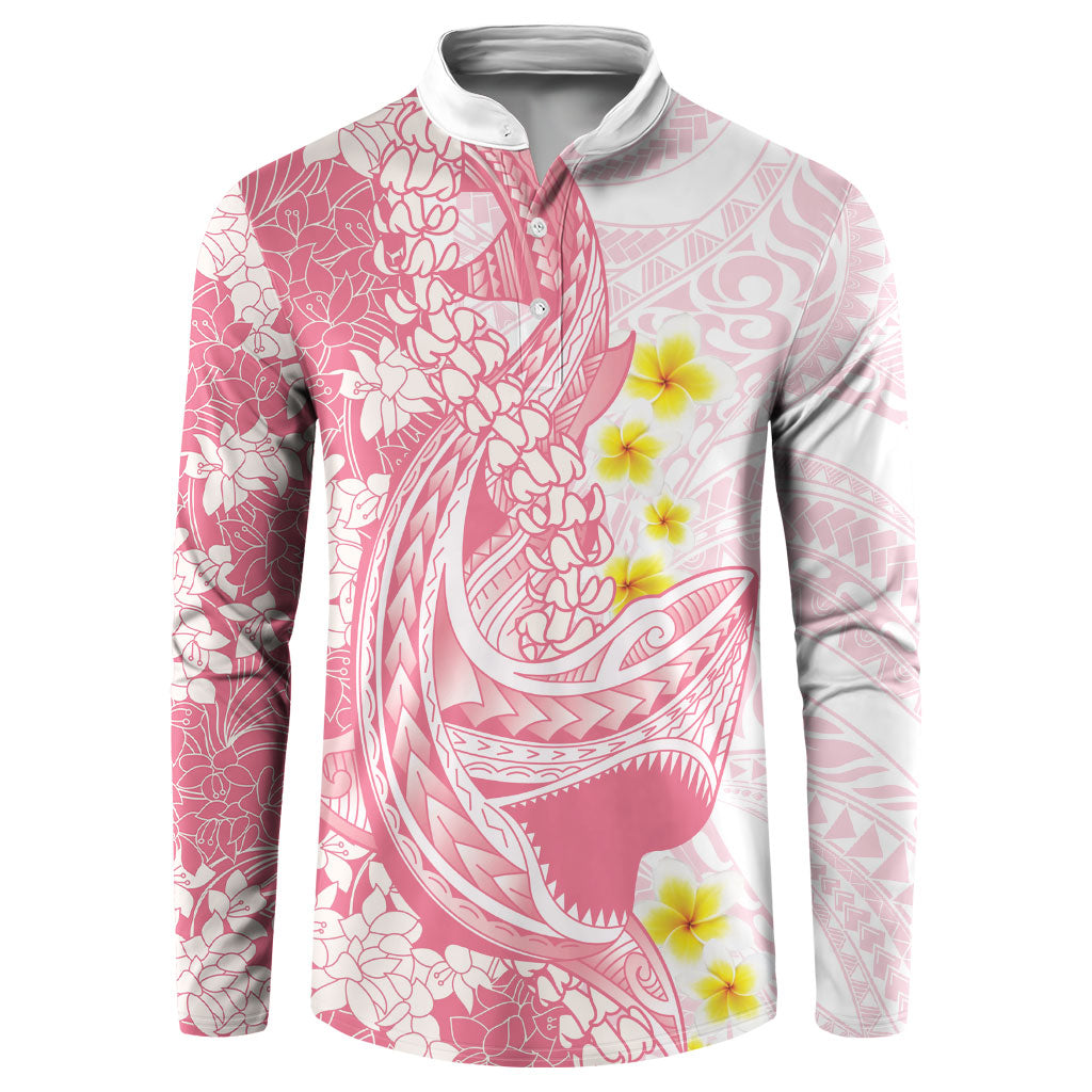Pink Hawaii Shark Tattoo Button Sweatshirt Puakenikeni Lei Plumeria Polynesian Pattern LT14 Pink - Polynesian Pride