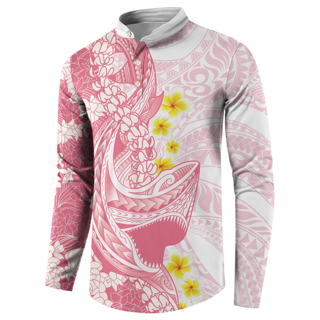 Pink Hawaii Shark Tattoo Button Sweatshirt Puakenikeni Lei Plumeria Polynesian Pattern LT14 - Polynesian Pride