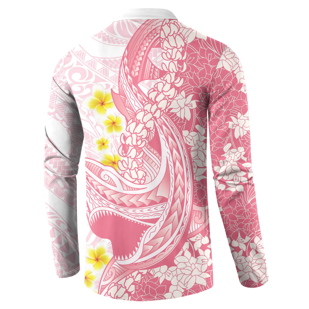 Pink Hawaii Shark Tattoo Button Sweatshirt Puakenikeni Lei Plumeria Polynesian Pattern LT14 - Polynesian Pride