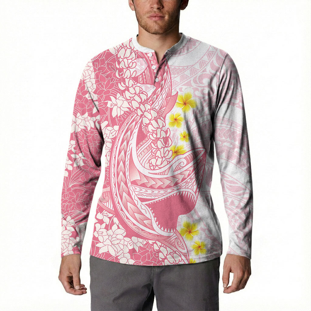 Pink Hawaii Shark Tattoo Button Sweatshirt Puakenikeni Lei Plumeria Polynesian Pattern LT14 - Polynesian Pride