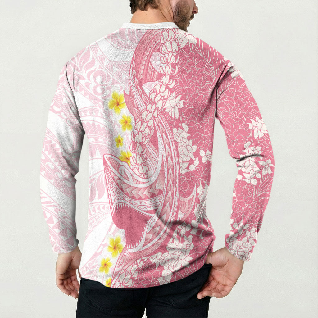 Pink Hawaii Shark Tattoo Button Sweatshirt Puakenikeni Lei Plumeria Polynesian Pattern LT14 - Polynesian Pride
