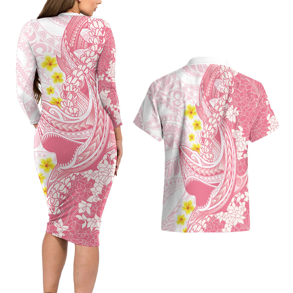 Pink Hawaii Shark Tattoo Couples Matching Long Sleeve Bodycon Dress and Hawaiian Shirt Puakenikeni Lei Plumeria Polynesian Pattern