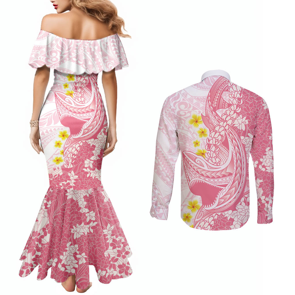 Pink Hawaii Shark Tattoo Couples Matching Mermaid Dress and Long Sleeve Button Shirt Puakenikeni Lei Plumeria Polynesian Pattern