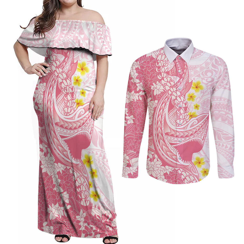 Pink Hawaii Shark Tattoo Couples Matching Off Shoulder Maxi Dress and Long Sleeve Button Shirt Puakenikeni Lei Plumeria Polynesian Pattern