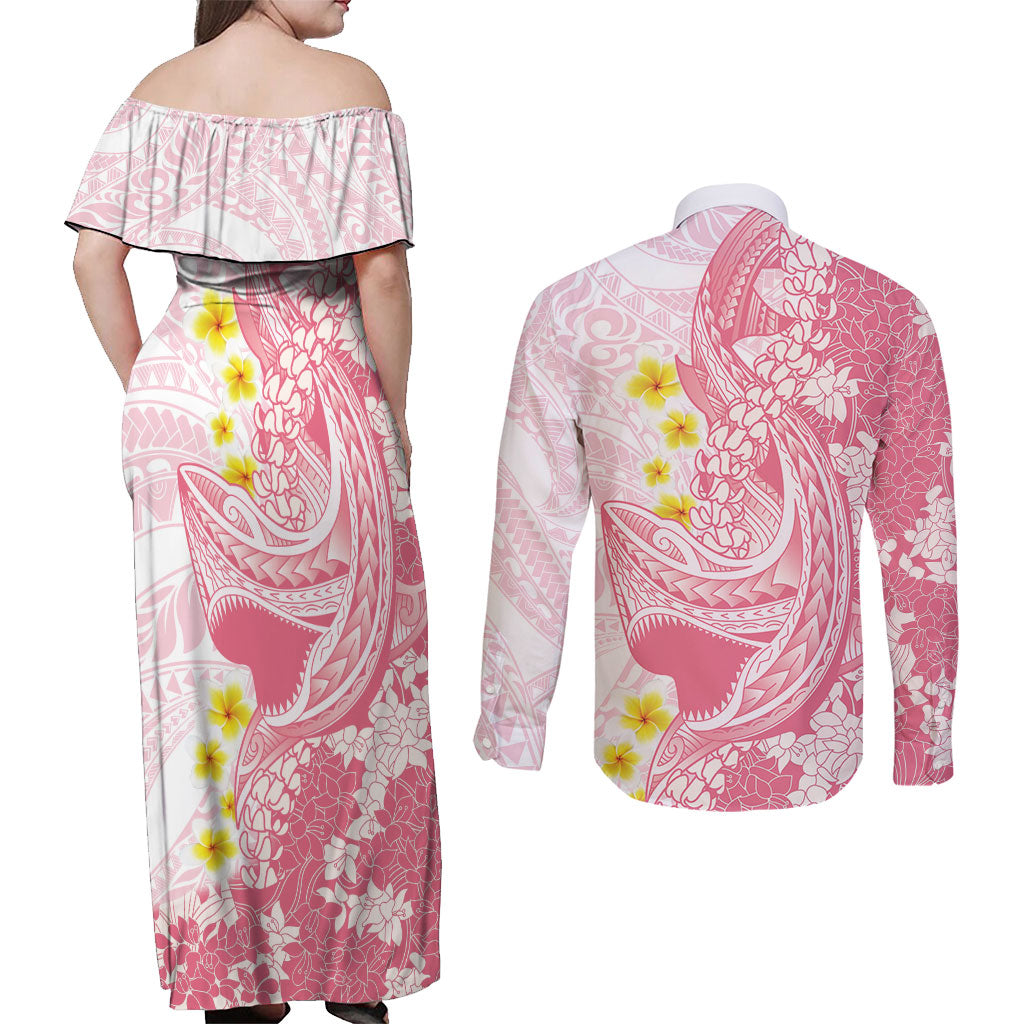 Pink Hawaii Shark Tattoo Couples Matching Off Shoulder Maxi Dress and Long Sleeve Button Shirt Puakenikeni Lei Plumeria Polynesian Pattern