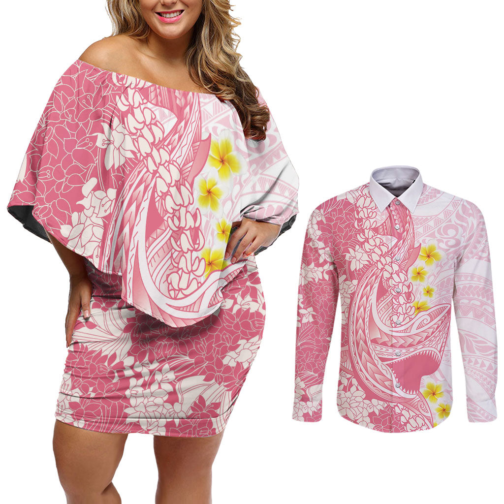 Pink Hawaii Shark Tattoo Couples Matching Off Shoulder Short Dress and Long Sleeve Button Shirt Puakenikeni Lei Plumeria Polynesian Pattern