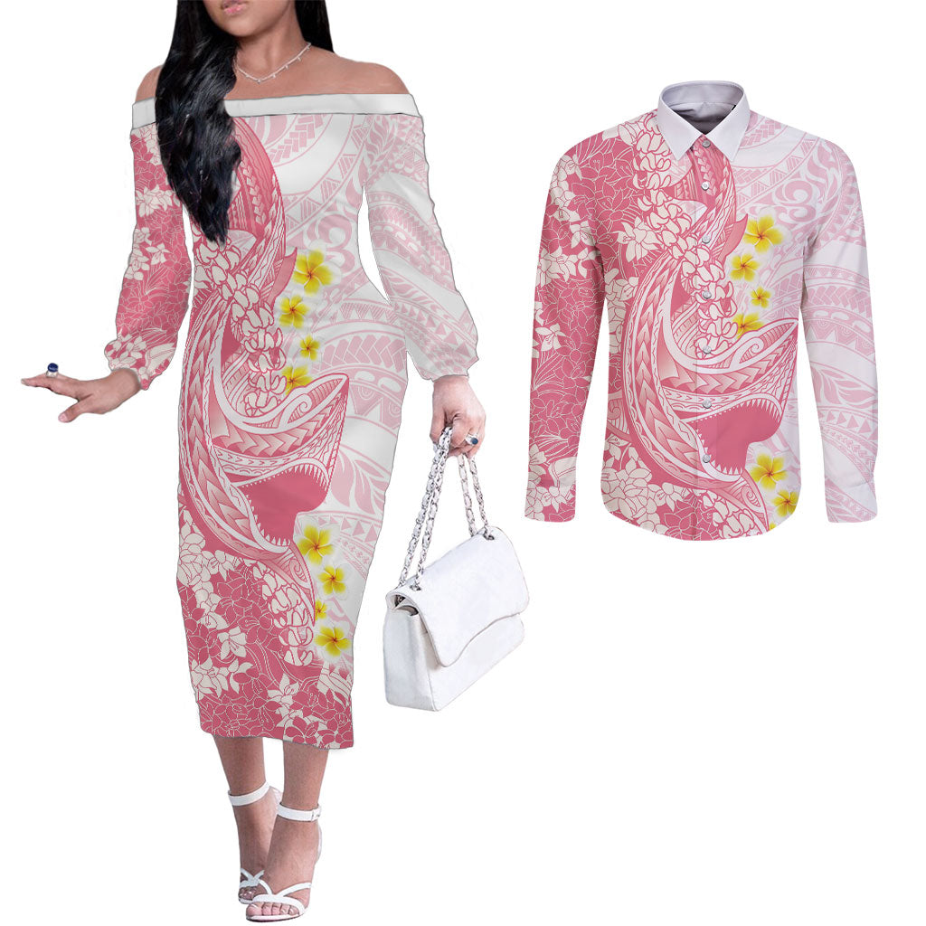 Pink Hawaii Shark Tattoo Couples Matching Off The Shoulder Long Sleeve Dress and Long Sleeve Button Shirt Puakenikeni Lei Plumeria Polynesian Pattern