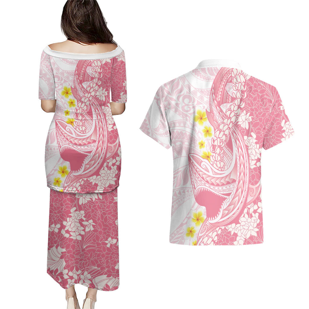Pink Hawaii Shark Tattoo Couples Matching Puletasi and Hawaiian Shirt Puakenikeni Lei Plumeria Polynesian Pattern