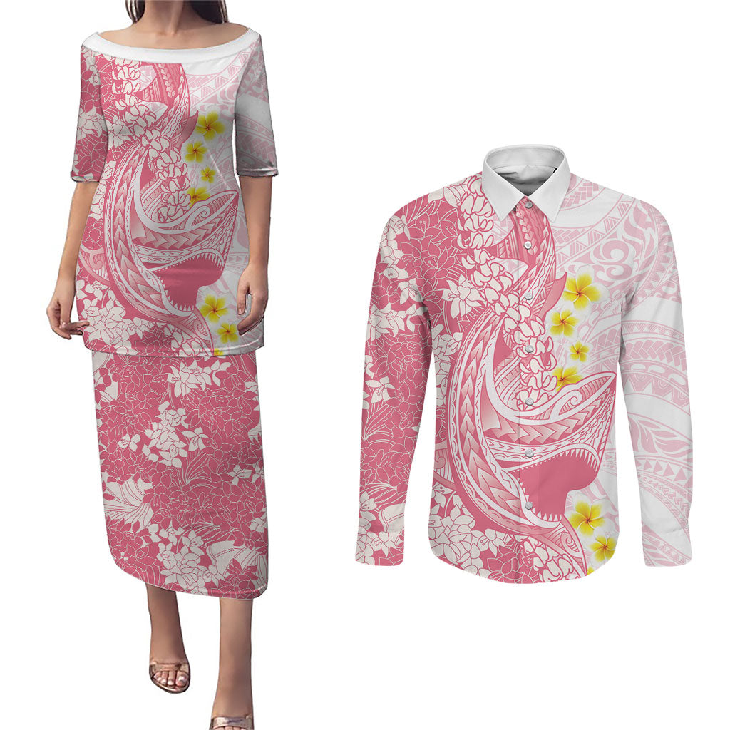 Pink Hawaii Shark Tattoo Couples Matching Puletasi and Long Sleeve Button Shirt Puakenikeni Lei Plumeria Polynesian Pattern