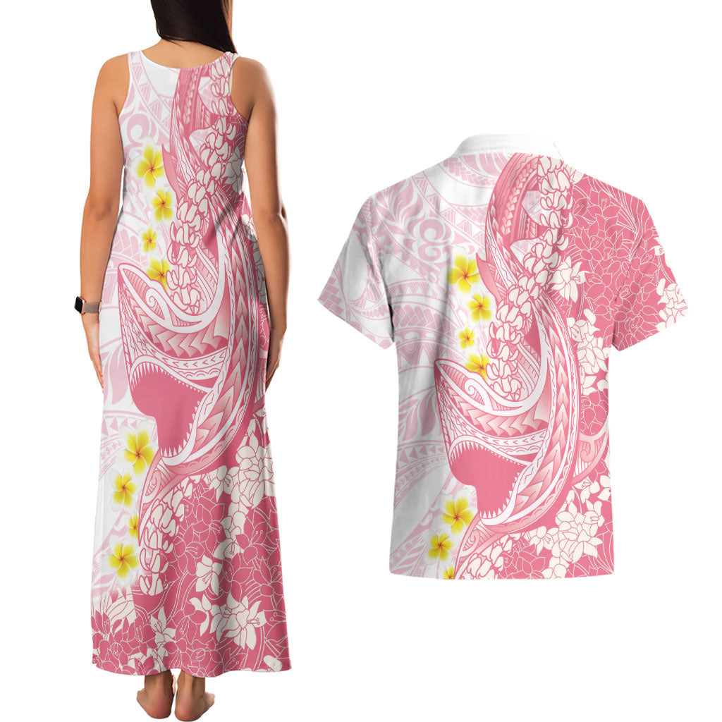Pink Hawaii Shark Tattoo Couples Matching Tank Maxi Dress and Hawaiian Shirt Puakenikeni Lei Plumeria Polynesian Pattern