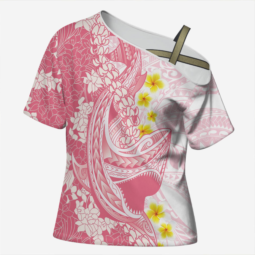 Pink Hawaii Shark Tattoo Cross Shoulder Shirt Puakenikeni Lei Plumeria Polynesian Pattern LT14 Female Pink - Polynesian Pride