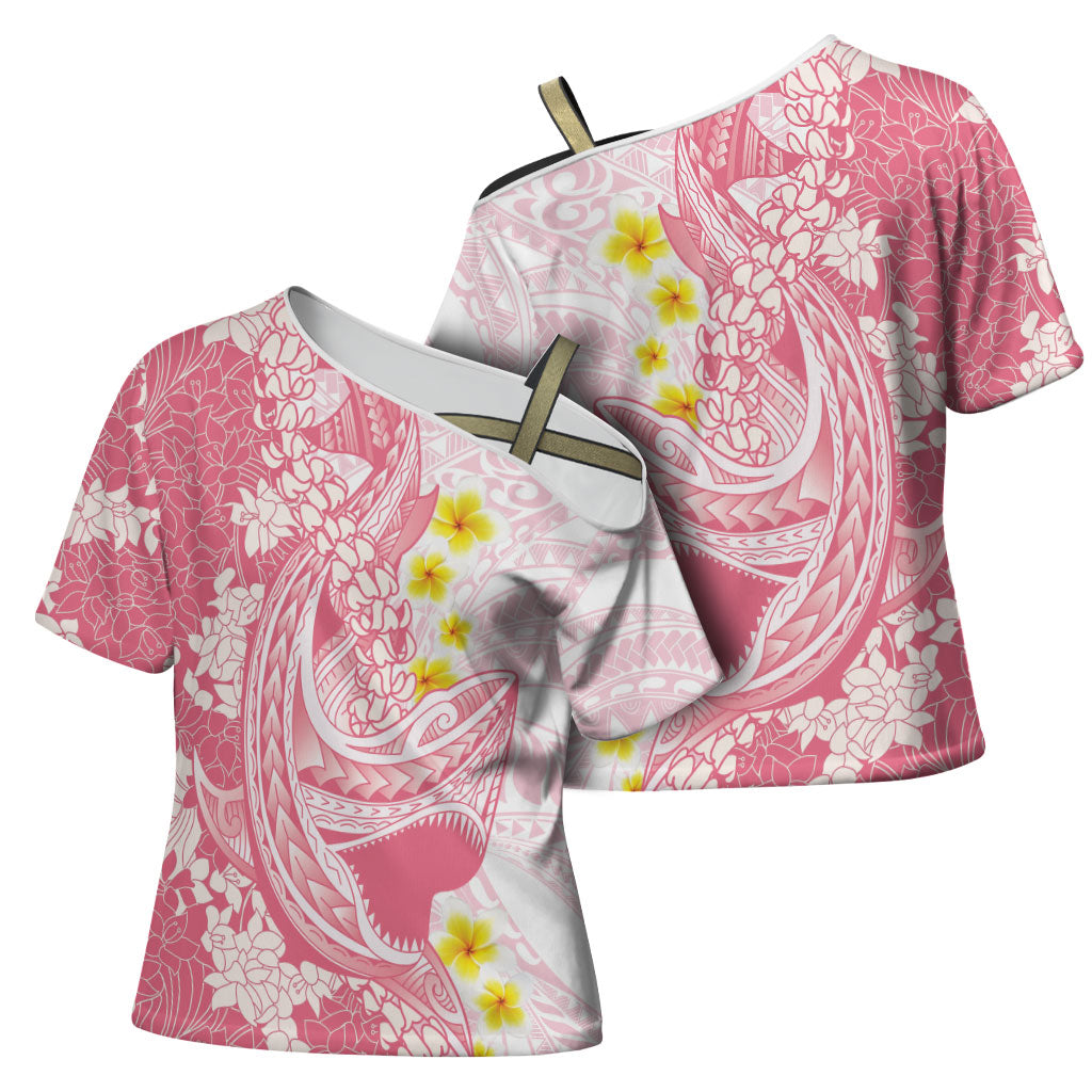 Pink Hawaii Shark Tattoo Cross Shoulder Shirt Puakenikeni Lei Plumeria Polynesian Pattern LT14 - Polynesian Pride