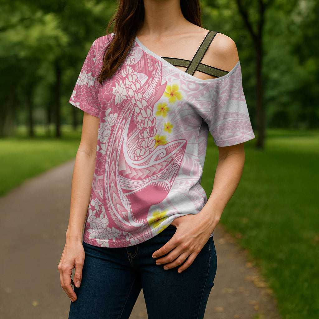 Pink Hawaii Shark Tattoo Cross Shoulder Shirt Puakenikeni Lei Plumeria Polynesian Pattern LT14 - Polynesian Pride