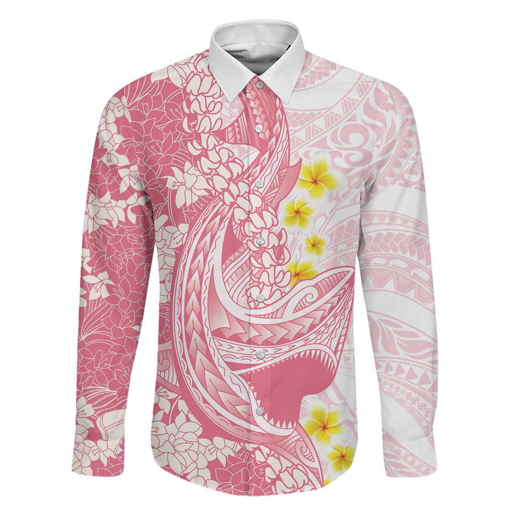 Pink Hawaii Shark Tattoo Family Matching Long Sleeve Bodycon Dress and Hawaiian Shirt Puakenikeni Lei Plumeria Polynesian Pattern