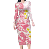 Pink Hawaii Shark Tattoo Family Matching Long Sleeve Bodycon Dress and Hawaiian Shirt Puakenikeni Lei Plumeria Polynesian Pattern