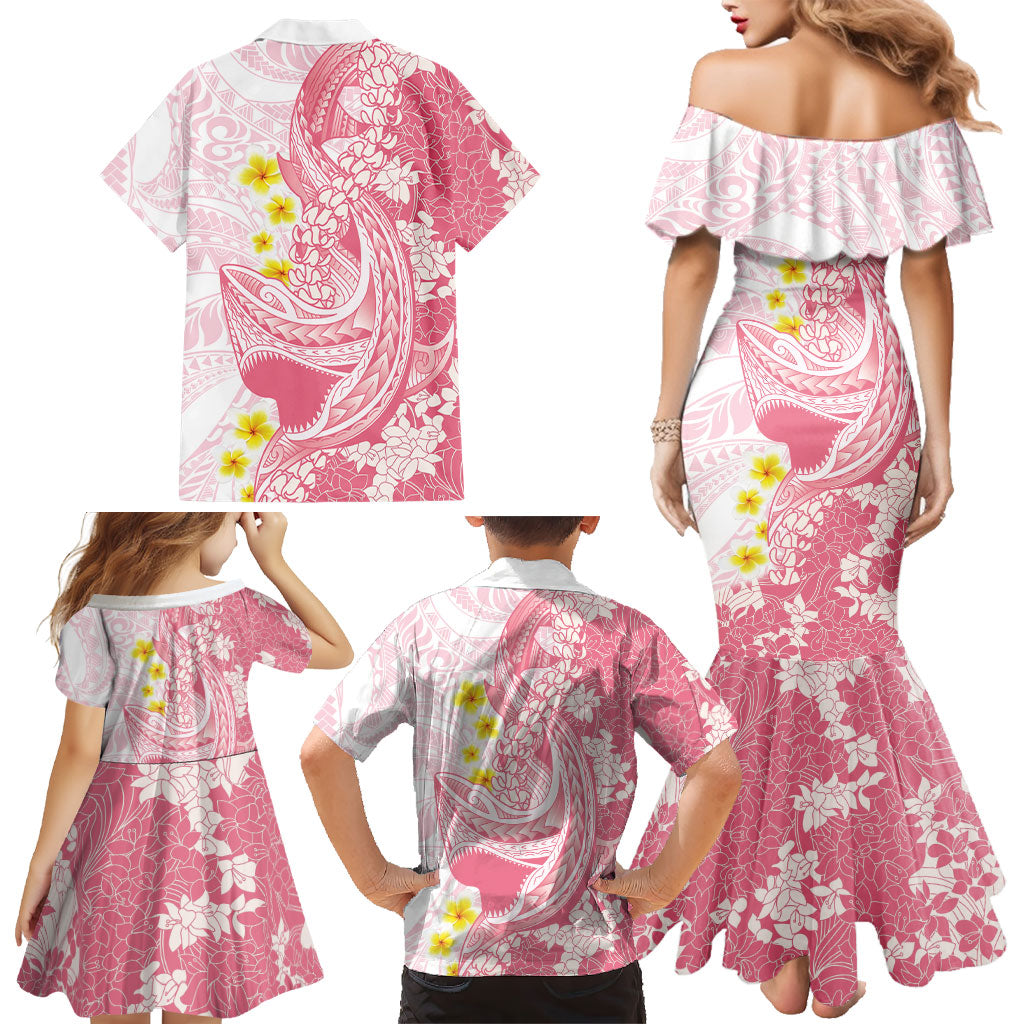 Pink Hawaii Shark Tattoo Family Matching Mermaid Dress and Hawaiian Shirt Puakenikeni Lei Plumeria Polynesian Pattern