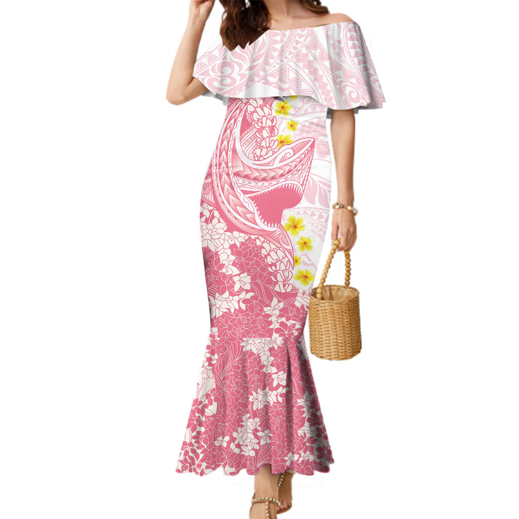 Pink Hawaii Shark Tattoo Family Matching Mermaid Dress and Hawaiian Shirt Puakenikeni Lei Plumeria Polynesian Pattern