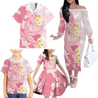 Pink Hawaii Shark Tattoo Family Matching Off The Shoulder Long Sleeve Dress and Hawaiian Shirt Puakenikeni Lei Plumeria Polynesian Pattern