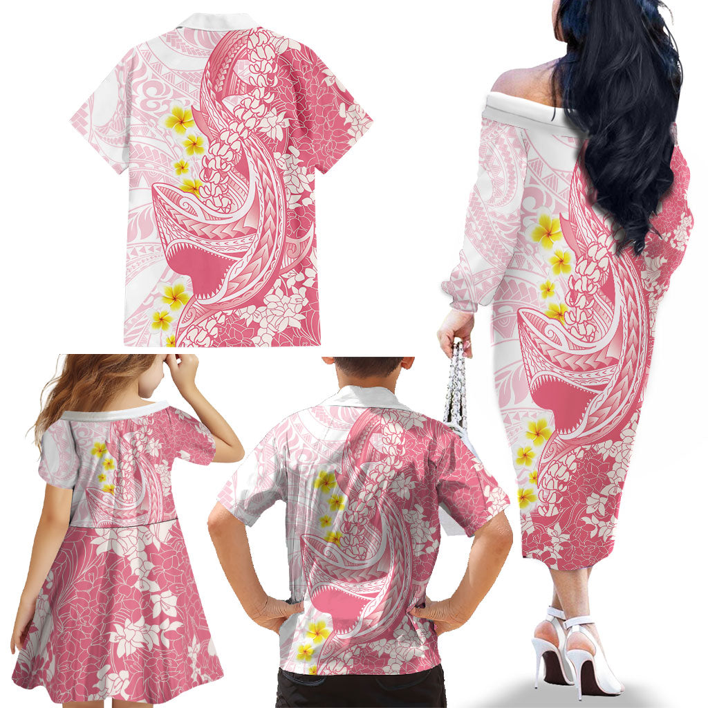 Pink Hawaii Shark Tattoo Family Matching Off The Shoulder Long Sleeve Dress and Hawaiian Shirt Puakenikeni Lei Plumeria Polynesian Pattern