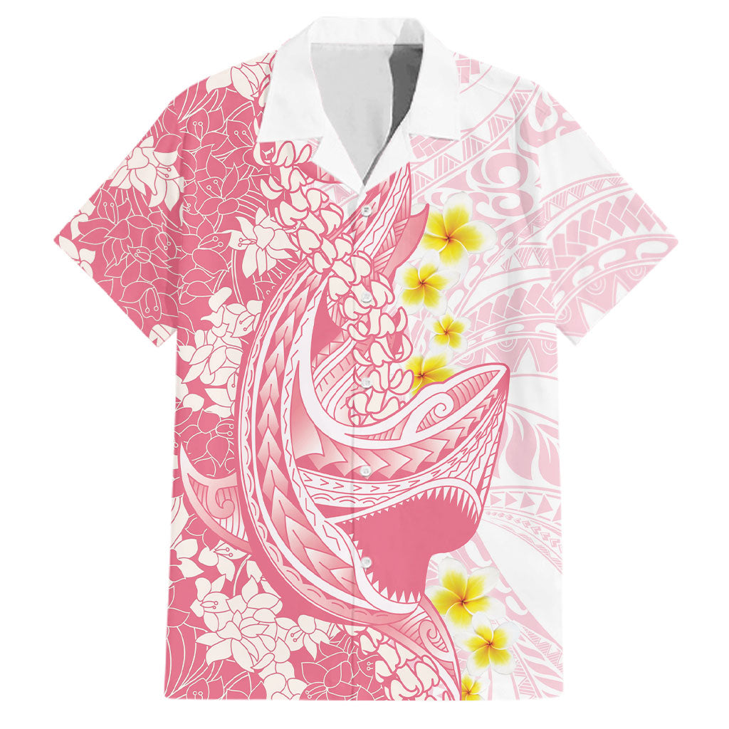 Pink Hawaii Shark Tattoo Family Matching Off The Shoulder Long Sleeve Dress and Hawaiian Shirt Puakenikeni Lei Plumeria Polynesian Pattern