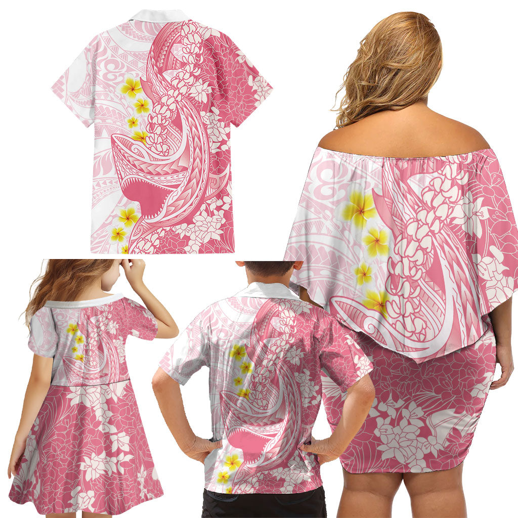 Pink Hawaii Shark Tattoo Family Matching Off Shoulder Short Dress and Hawaiian Shirt Puakenikeni Lei Plumeria Polynesian Pattern
