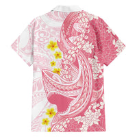 Pink Hawaii Shark Tattoo Family Matching Off Shoulder Short Dress and Hawaiian Shirt Puakenikeni Lei Plumeria Polynesian Pattern