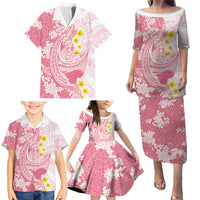 Pink Hawaii Shark Tattoo Family Matching Puletasi and Hawaiian Shirt Puakenikeni Lei Plumeria Polynesian Pattern