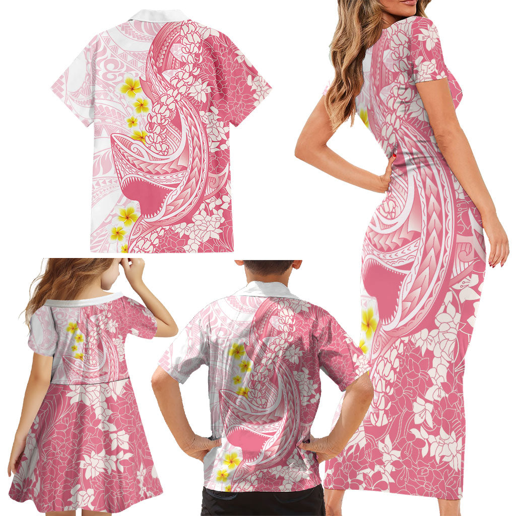 Pink Hawaii Shark Tattoo Family Matching Short Sleeve Bodycon Dress and Hawaiian Shirt Puakenikeni Lei Plumeria Polynesian Pattern