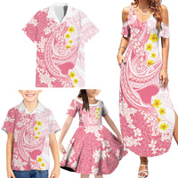 Pink Hawaii Shark Tattoo Family Matching Summer Maxi Dress and Hawaiian Shirt Puakenikeni Lei Plumeria Polynesian Pattern