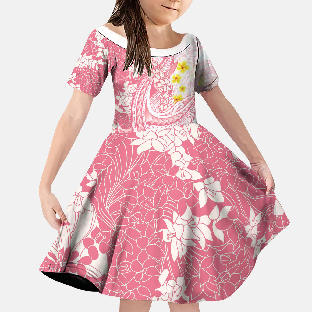 Pink Hawaii Shark Tattoo Family Matching Tank Maxi Dress and Hawaiian Shirt Puakenikeni Lei Plumeria Polynesian Pattern