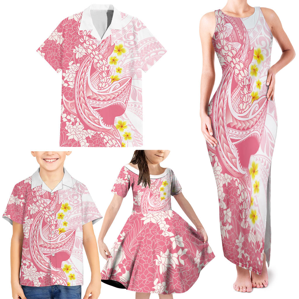 Pink Hawaii Shark Tattoo Family Matching Tank Maxi Dress and Hawaiian Shirt Puakenikeni Lei Plumeria Polynesian Pattern
