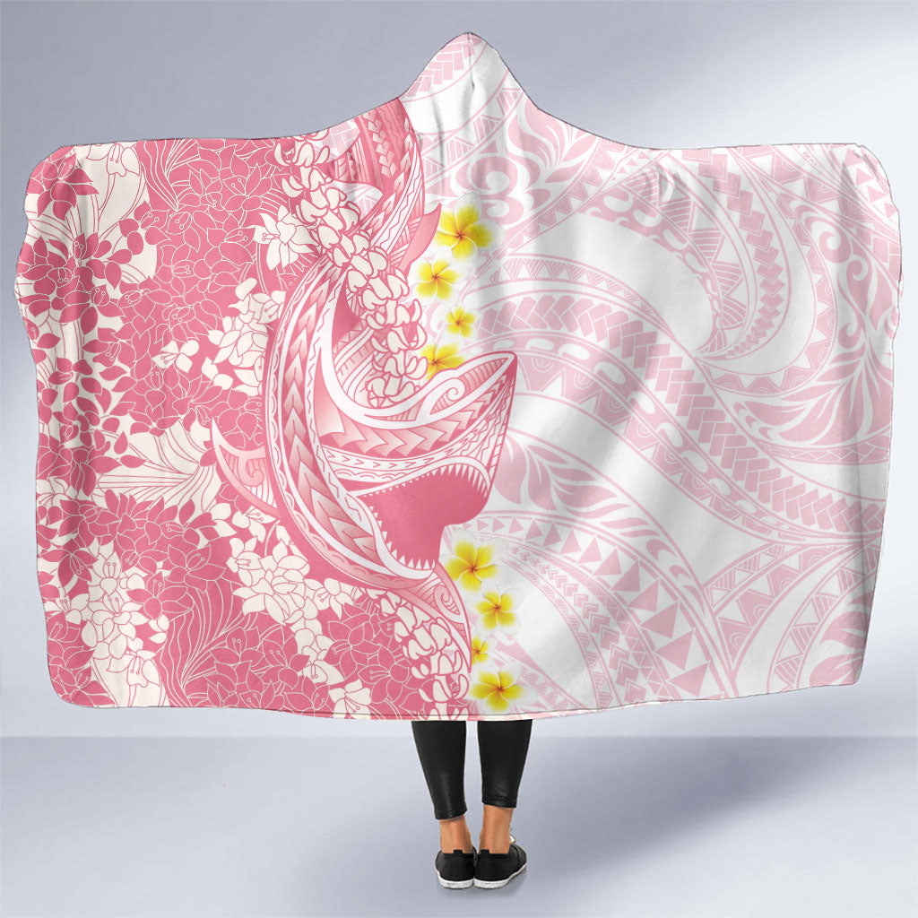 Pink Hawaii Shark Tattoo Hooded Blanket Puakenikeni Lei Plumeria Polynesian Pattern LT14 One Size Pink - Polynesian Pride