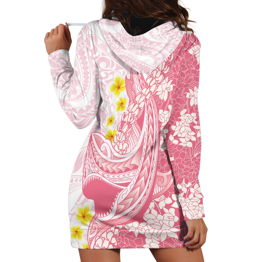 Pink Hawaii Shark Tattoo Hoodie Dress Puakenikeni Lei Plumeria Polynesian Pattern