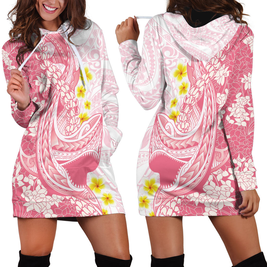 Pink Hawaii Shark Tattoo Hoodie Dress Puakenikeni Lei Plumeria Polynesian Pattern