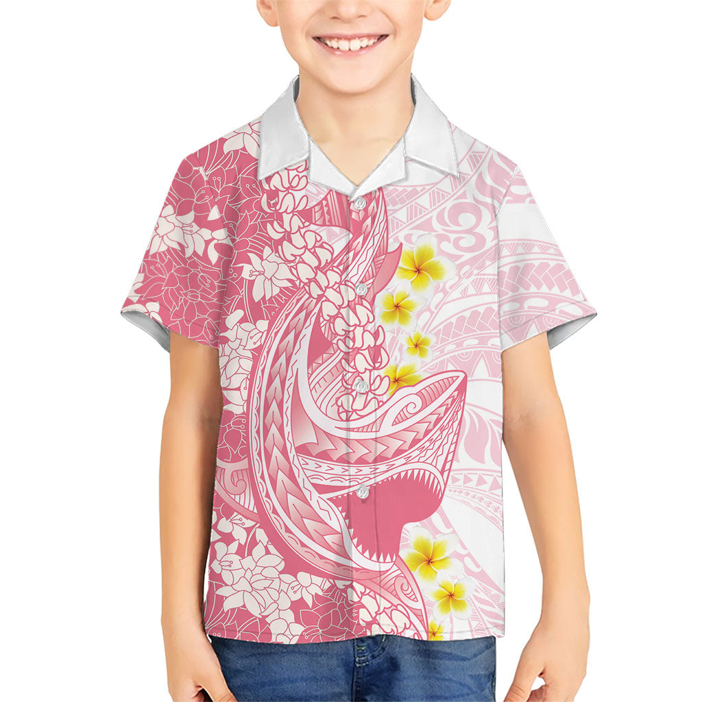 Pink Hawaii Shark Tattoo Kid Hawaiian Shirt Puakenikeni Lei Plumeria Polynesian Pattern