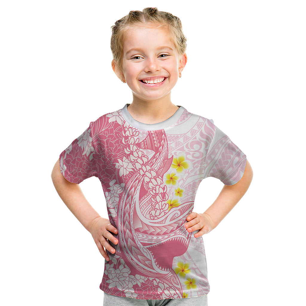 Pink Hawaii Shark Tattoo Kid T Shirt Puakenikeni Lei Plumeria Polynesian Pattern LT14 Pink - Polynesian Pride