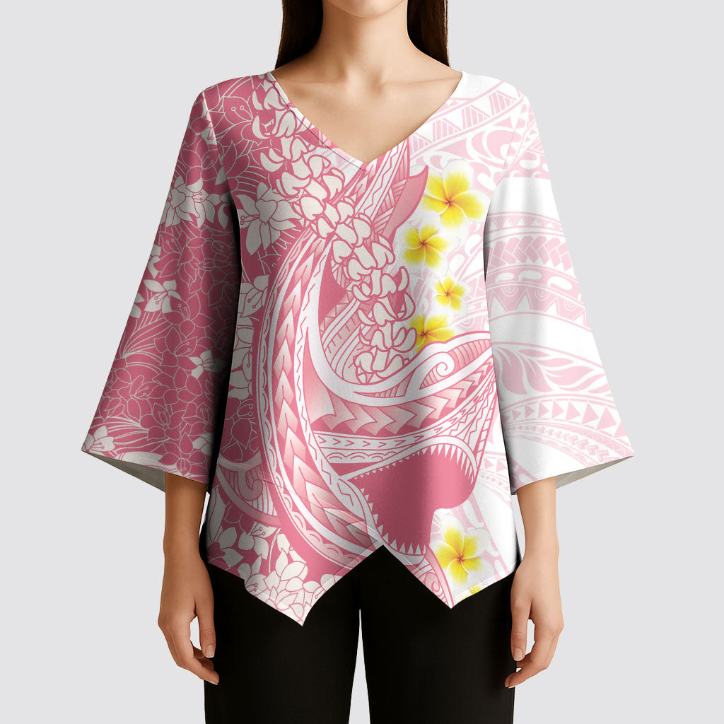 Pink Hawaii Shark Tattoo Kimono Sleeve Blouse Puakenikeni Lei Plumeria Polynesian Pattern LT14 - Polynesian Pride