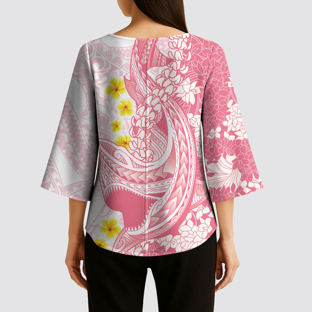 Pink Hawaii Shark Tattoo Kimono Sleeve Blouse Puakenikeni Lei Plumeria Polynesian Pattern LT14 - Polynesian Pride