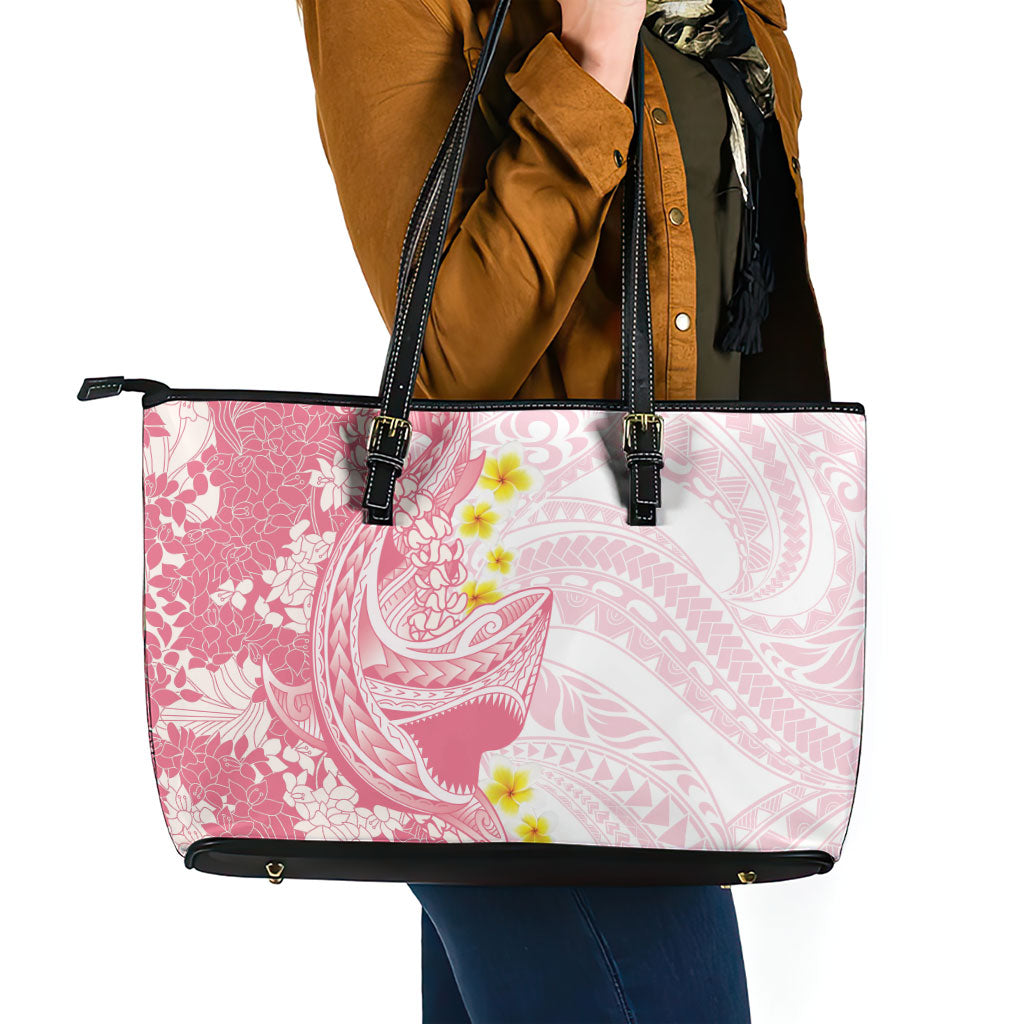 Pink Hawaii Shark Tattoo Leather Tote Bag Puakenikeni Lei Plumeria Polynesian Pattern