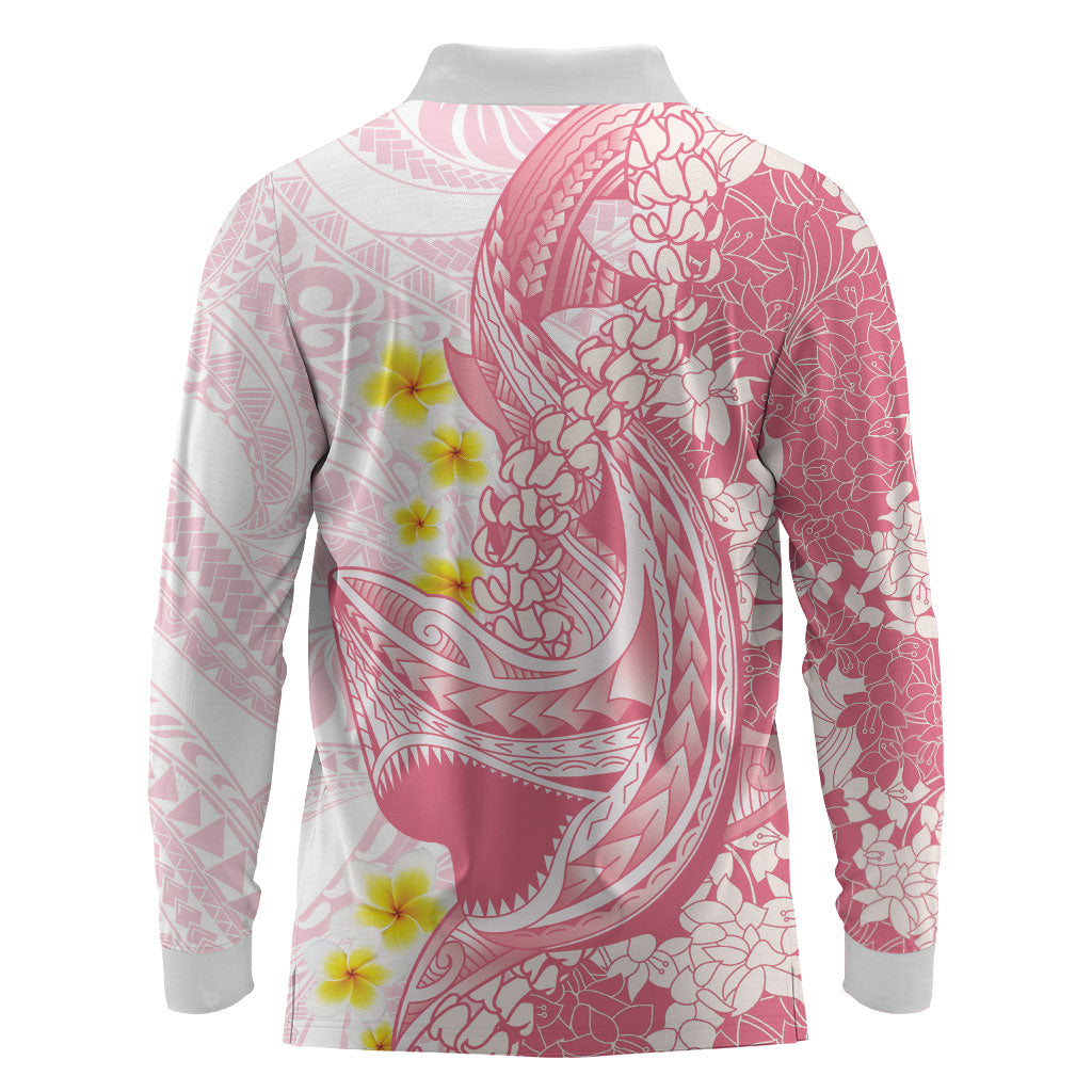 Pink Hawaii Shark Tattoo Long Sleeve Polo Shirt Puakenikeni Lei Plumeria Polynesian Pattern LT14 - Polynesian Pride