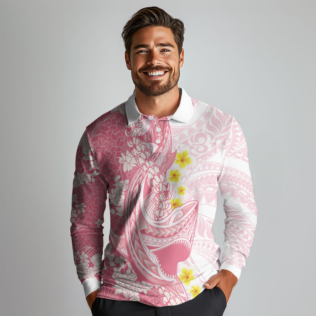 Pink Hawaii Shark Tattoo Long Sleeve Polo Shirt Puakenikeni Lei Plumeria Polynesian Pattern LT14 - Polynesian Pride