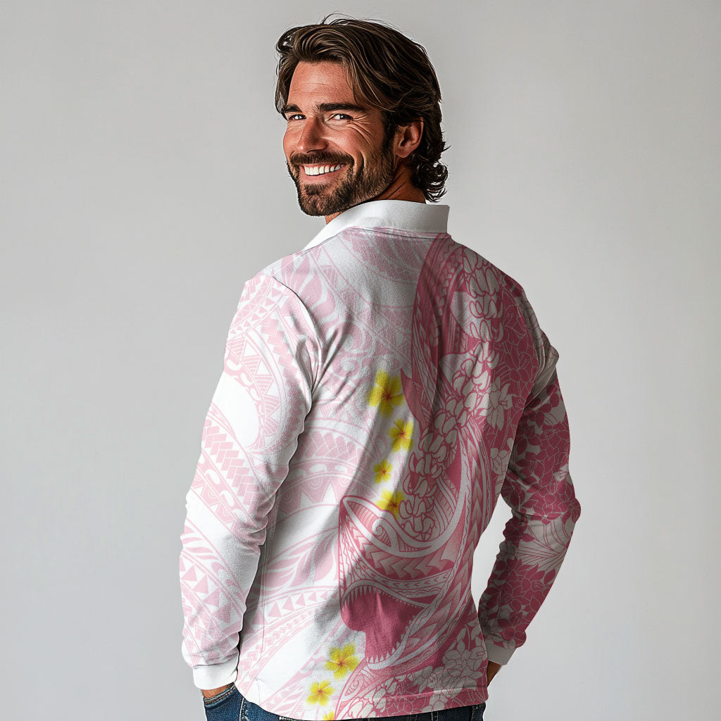 Pink Hawaii Shark Tattoo Long Sleeve Polo Shirt Puakenikeni Lei Plumeria Polynesian Pattern LT14 - Polynesian Pride