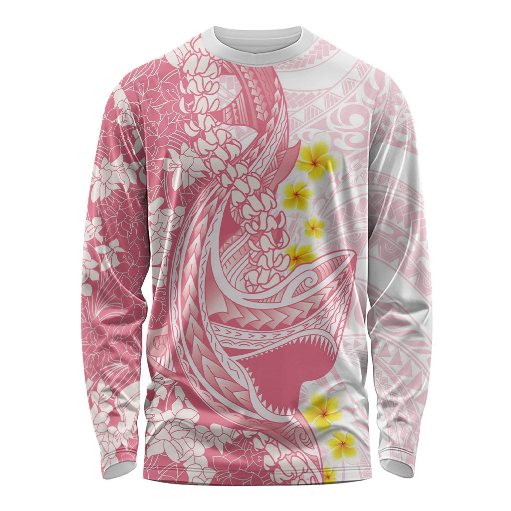 Pink Hawaii Shark Tattoo Long Sleeve Shirt Puakenikeni Lei Plumeria Polynesian Pattern LT14 Unisex Pink - Polynesian Pride