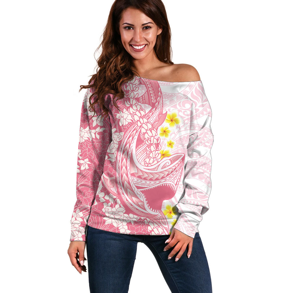 Pink Hawaii Shark Tattoo Off Shoulder Sweater Puakenikeni Lei Plumeria Polynesian Pattern LT14 Women Pink - Polynesian Pride