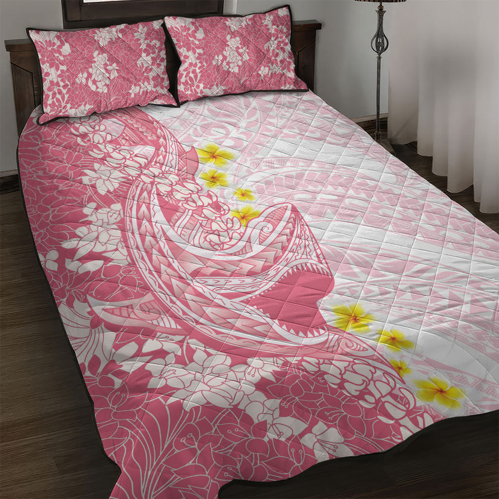 Pink Hawaii Shark Tattoo Quilt Bed Set Puakenikeni Lei Plumeria Polynesian Pattern LT14 Pink - Polynesian Pride
