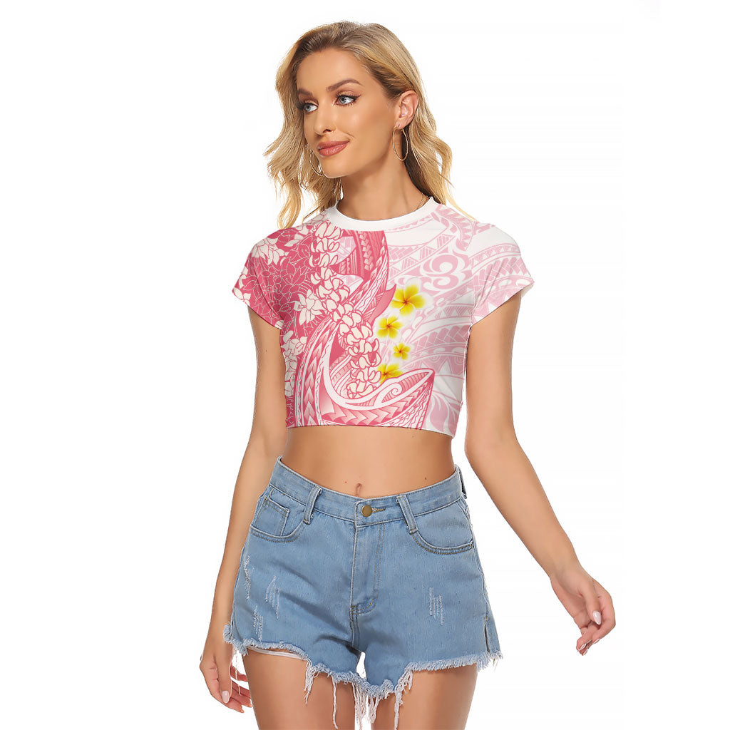 Pink Hawaii Shark Tattoo Raglan Cropped T Shirt Puakenikeni Lei Plumeria Polynesian Pattern
