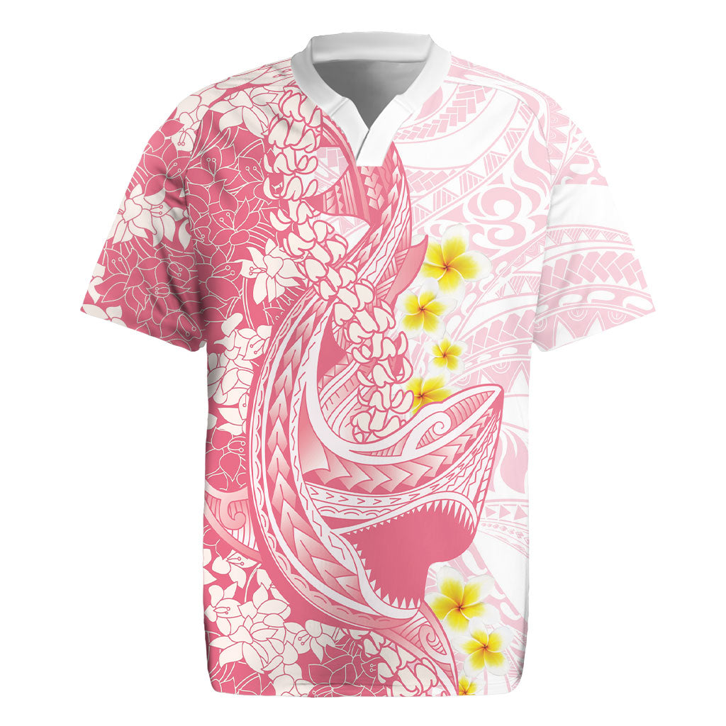 Pink Hawaii Shark Tattoo Rugby Jersey Puakenikeni Lei Plumeria Polynesian Pattern